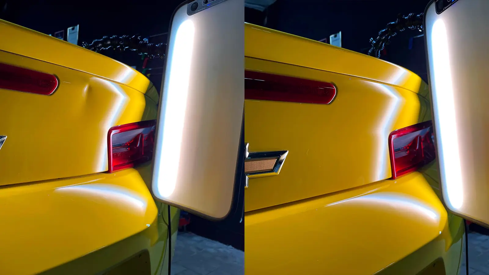 Ремонт вмятины на крышке багажника Chevrolet Camaro — до и после