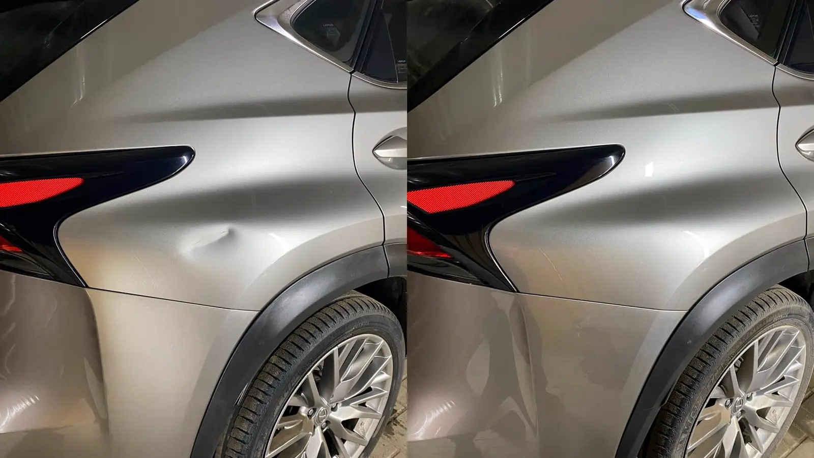 Заднее крыло Lexus NX до и после ремонта вмятины