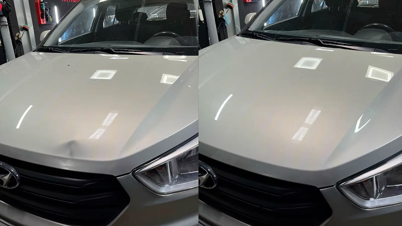 Кромка капота Hyundai Creta — до и после ремонта вмятины