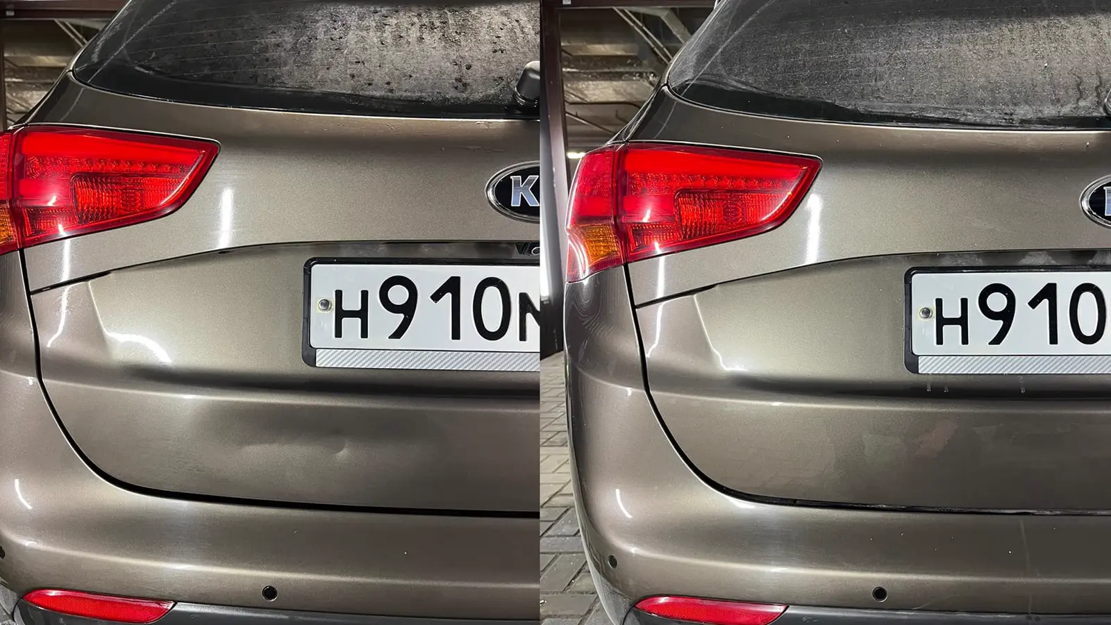 Крышка багажника Kia Ceed SW до и после беспокрасочного ремонта
